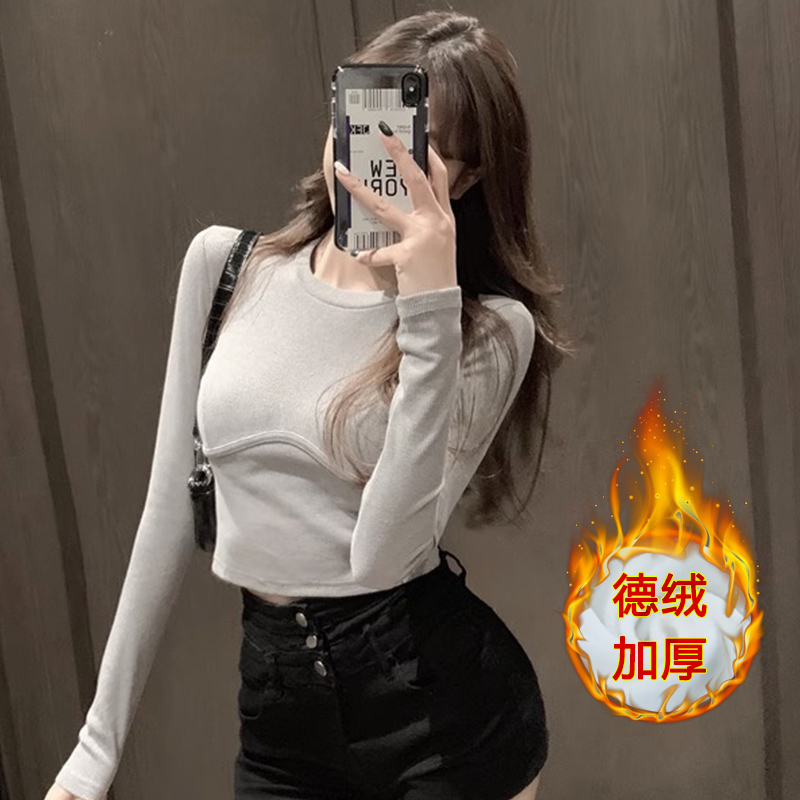 長袖t恤女秋冬露肚臍短款保暖打底衫內搭上衣