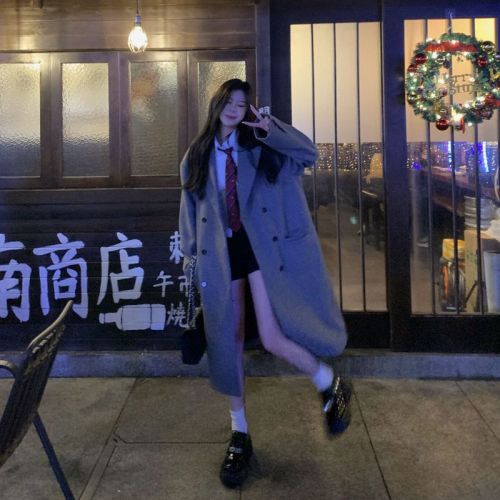 Gray and black woolen coat for women  new woolen coat autumn and winter small high-end Hepburn style