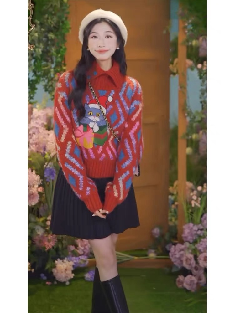 今年流行的漂亮小個子慵懶風新年聖誕紅色印花針織衫毛衣女秋冬季
