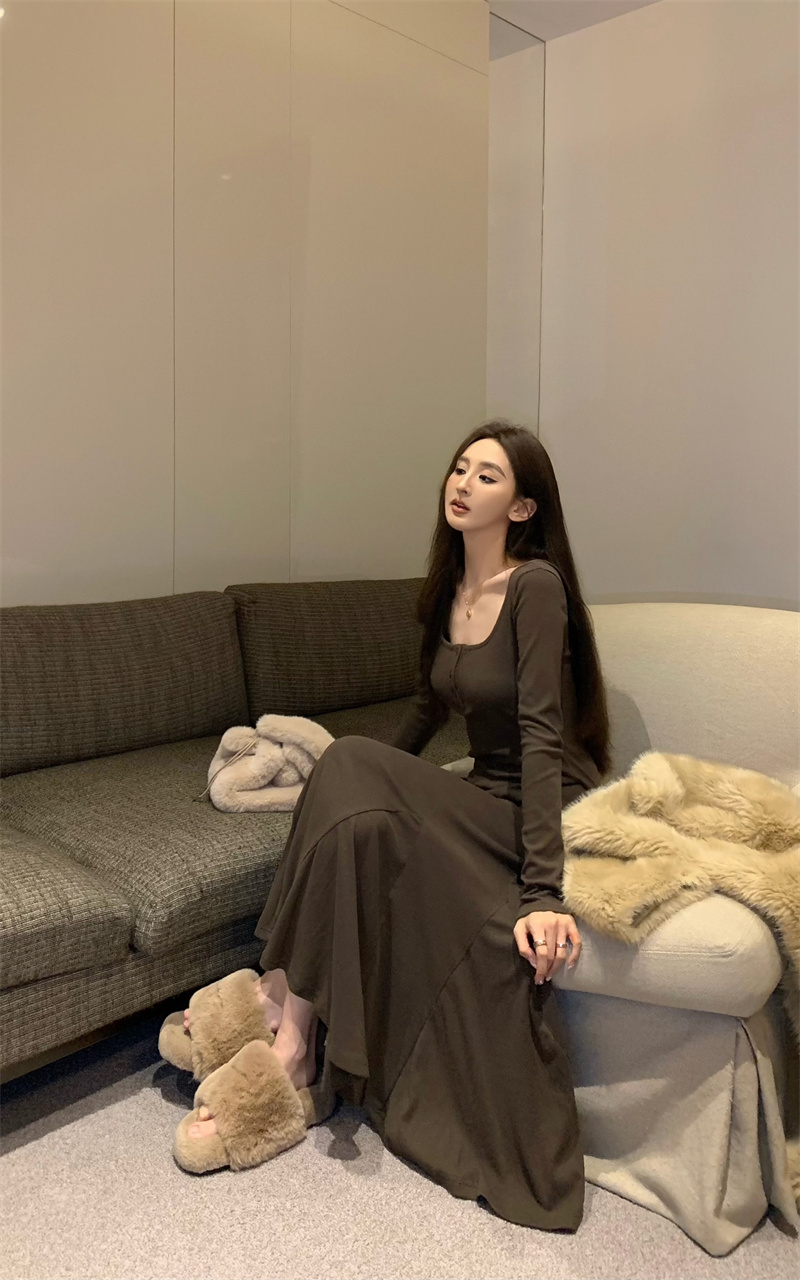 實拍 復古韓版百搭U領連衣魚尾長裙