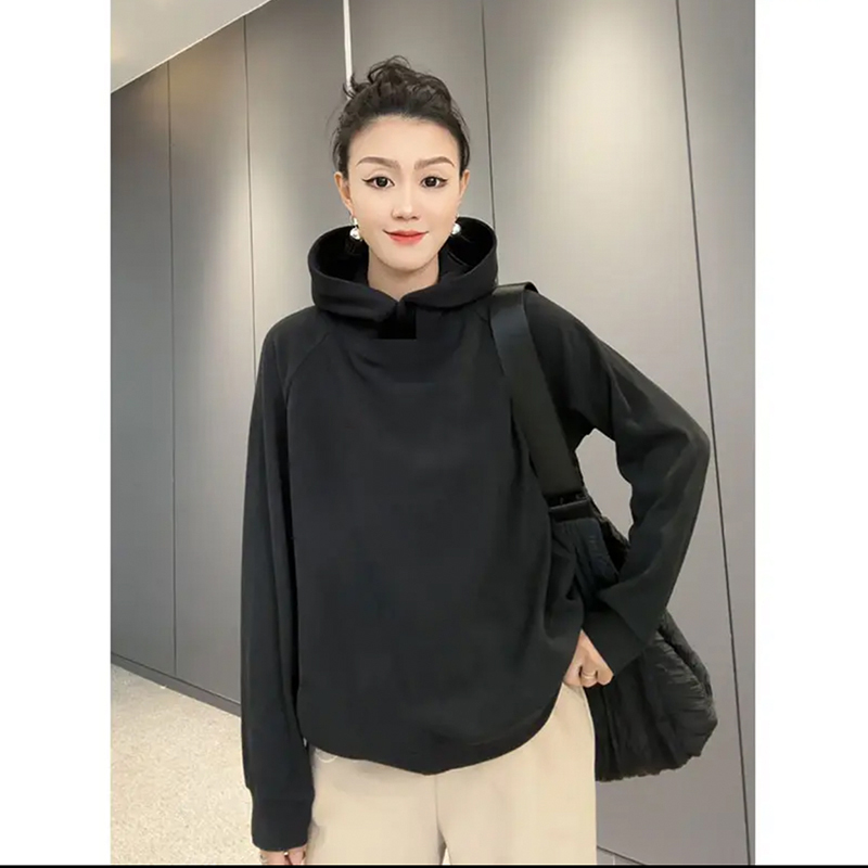 純色拼接套頭德絨連帽衛衣女帽衫秋冬新款顯瘦時尚百搭打底上衣潮