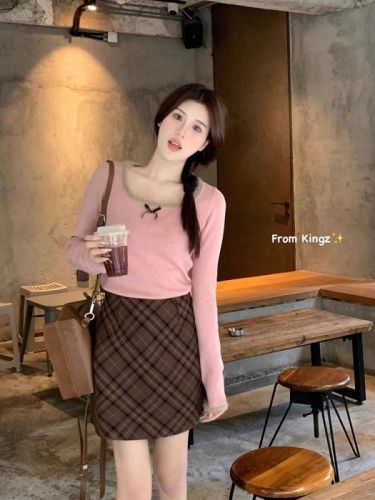 Song Zhengen furry bow woolen small piece bottoming shirt for women, slim fit inner wear, pure pink fashion outer wear, long sleeves