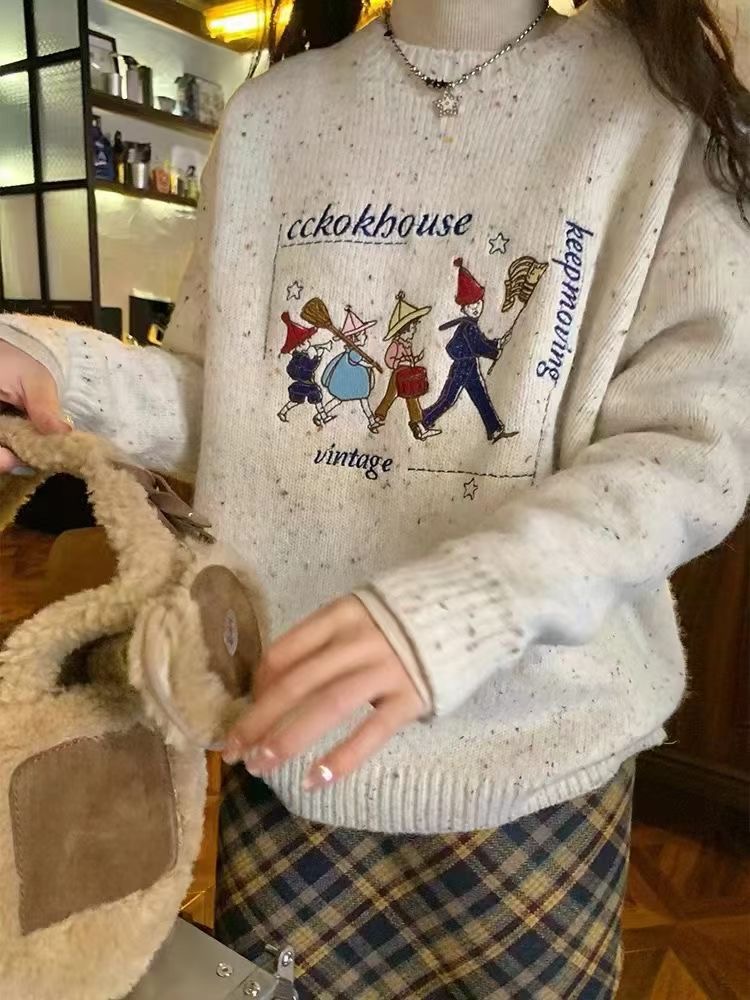 CCKOK 彩點小人刺繡針織毛衣2023秋冬小眾設計套頭麻花打底衫女厚