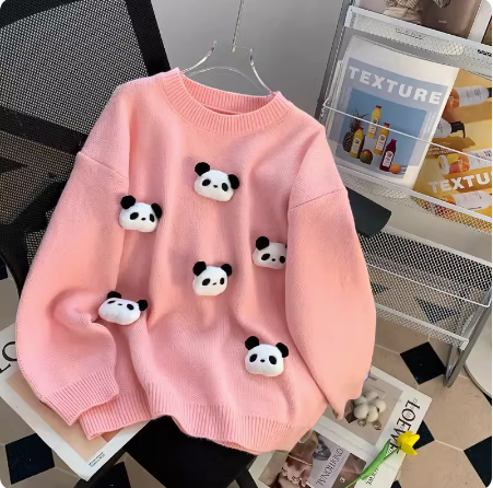 粉色甜美減齡熊貓毛衣女款秋冬外穿2023新款寬鬆慵懶風套頭針織衫