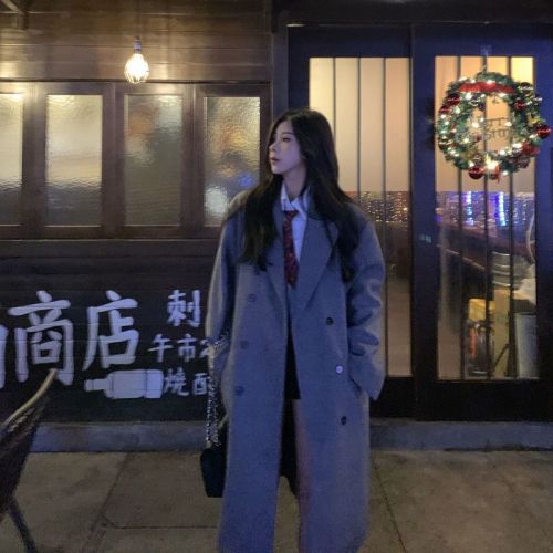 Gray and black woolen coat for women  new woolen coat autumn and winter small high-end Hepburn style