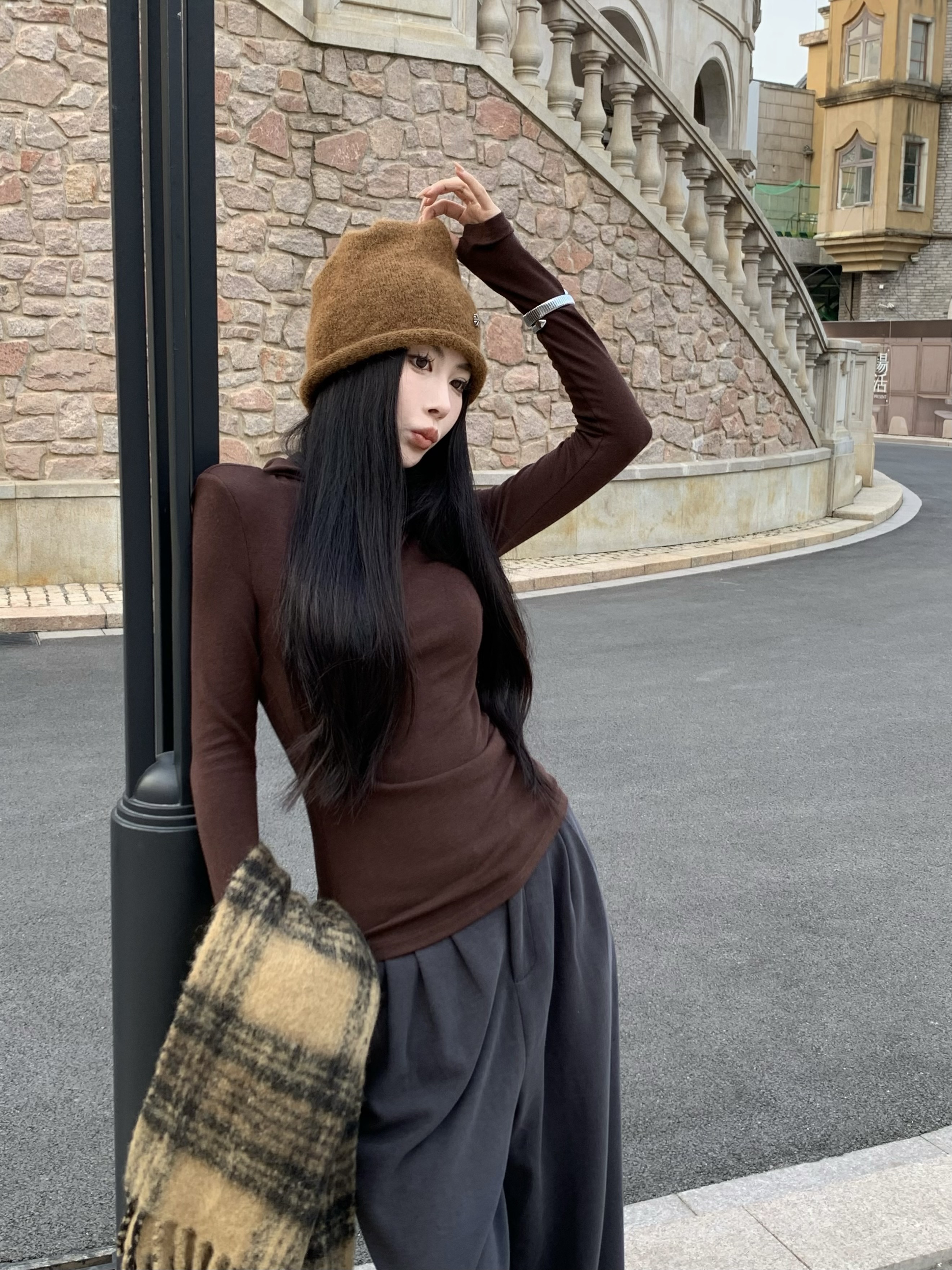 實拍 連帽打底衫修身顯瘦彈力上衣設計感慵懶墜感直筒休閒褲