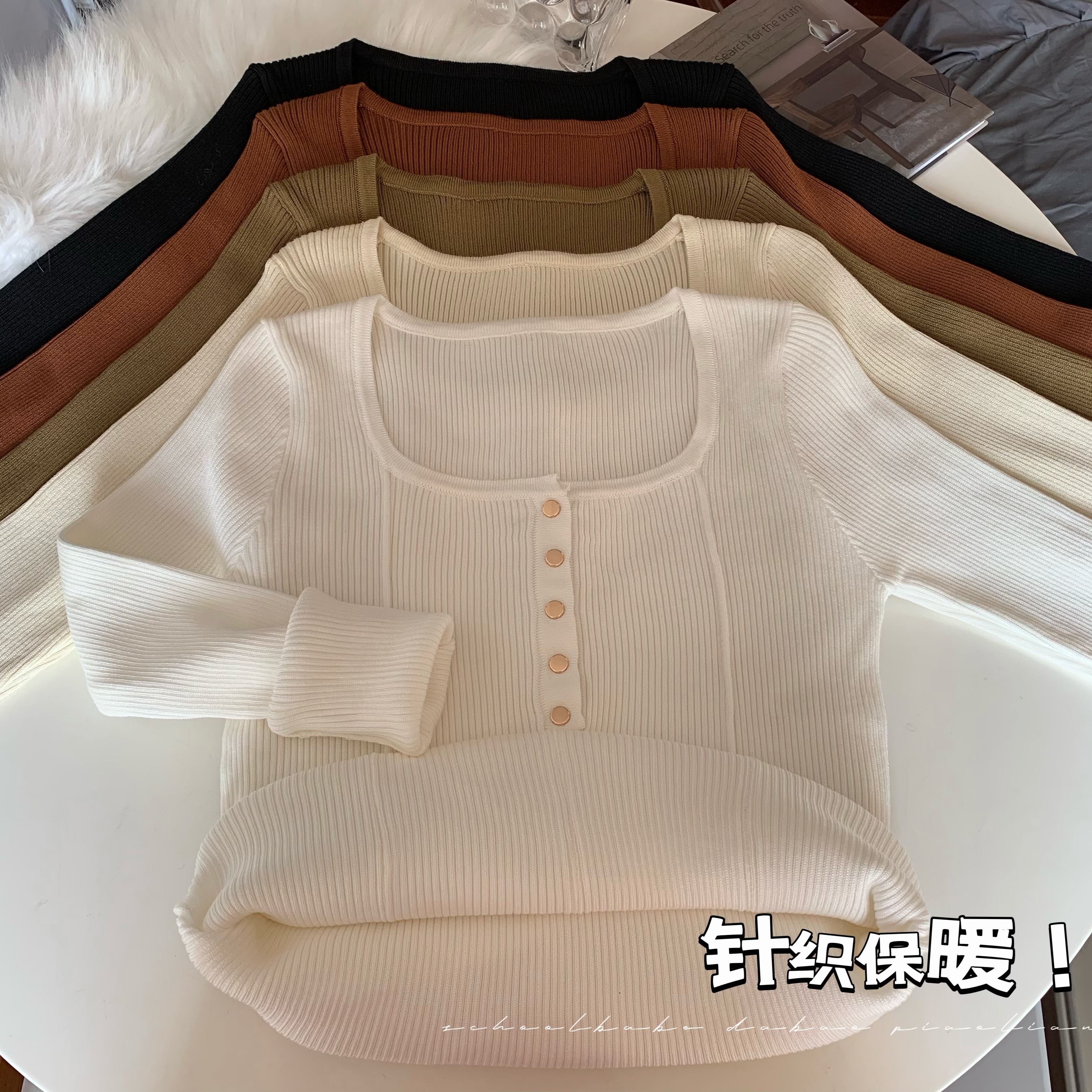 實拍秋冬韓版性感方領針織衫女紐扣百搭長袖洋氣套頭毛衣上衣