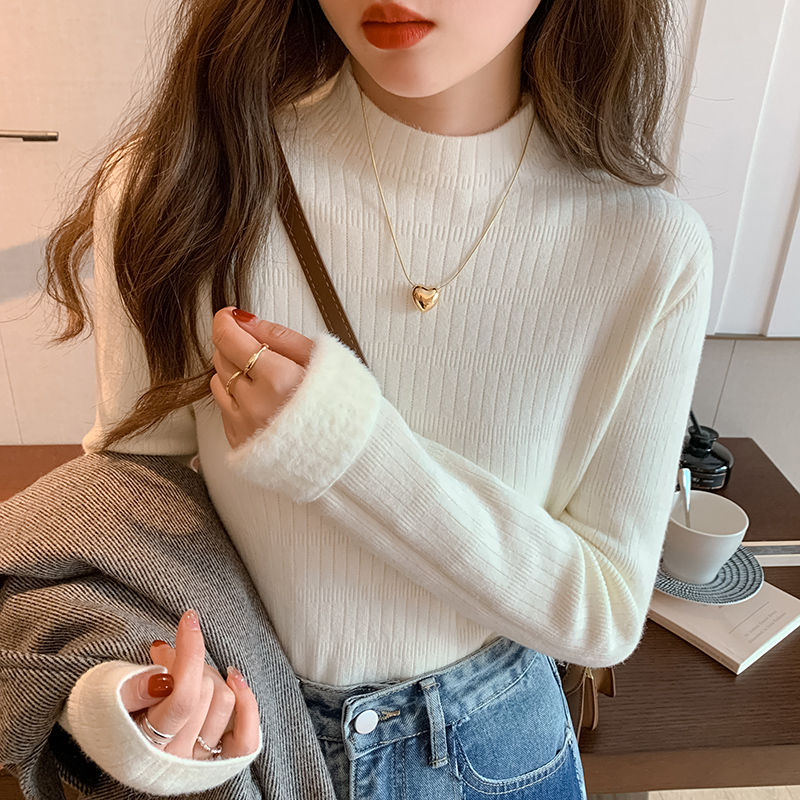 秋冬毛衣女半高領打底衫加絨加厚2023冬季內搭一體絨保暖針織上衣