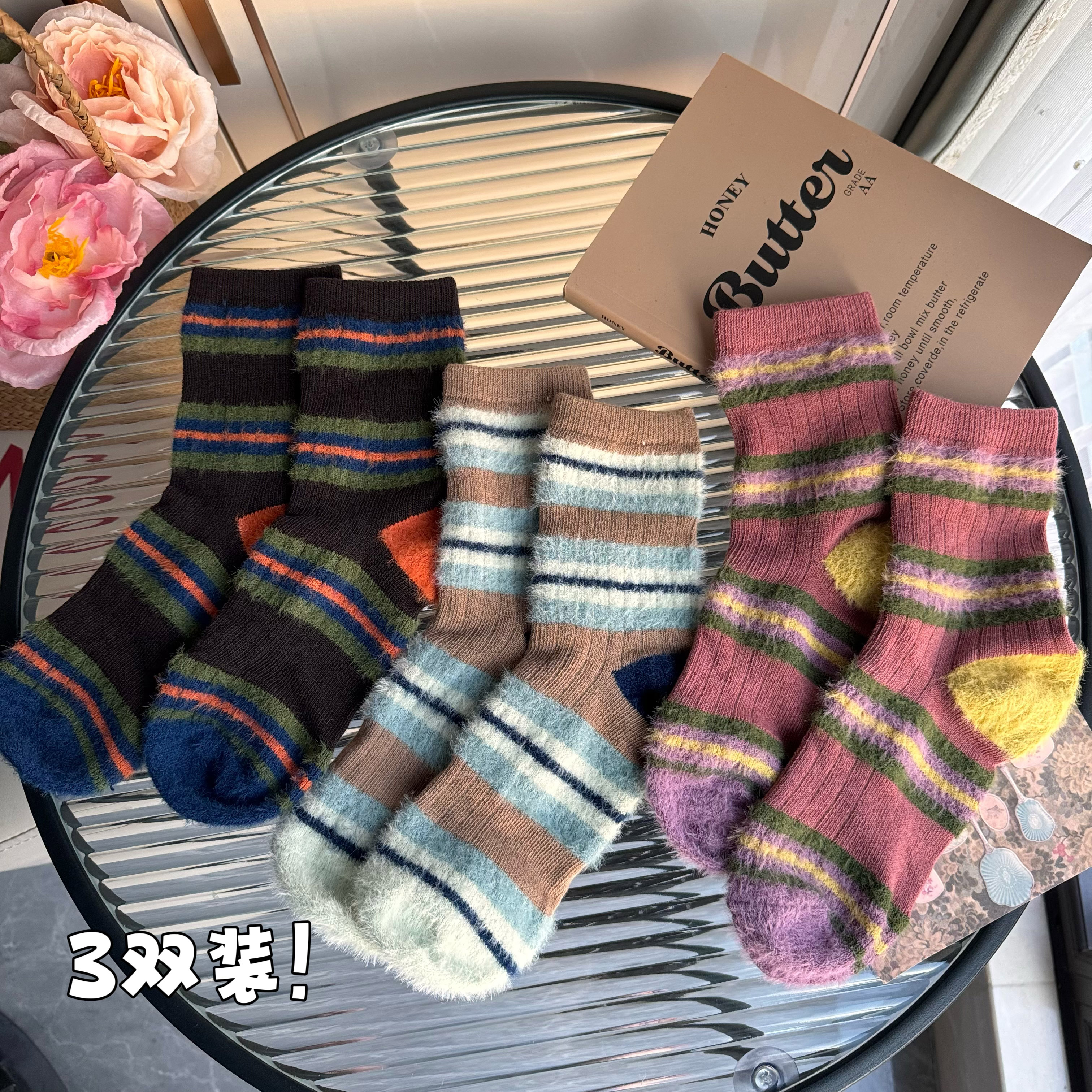 實拍韓版條紋軟絨保暖襪子女中筒襪秋冬堆堆襪長襪女襪3雙裝