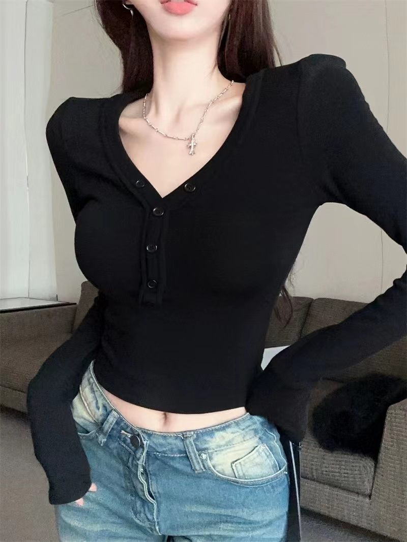 德絨螺紋1X1V領長袖T恤女秋冬內搭打底衫修身短款