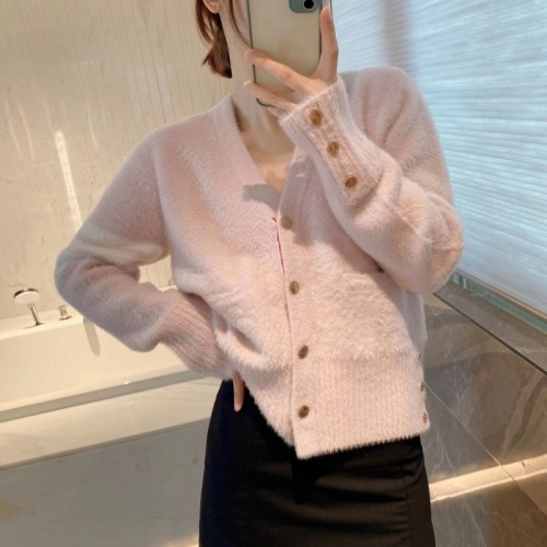 Imitation mink velvet V-neck long-sleeved knitted cardigan for women early autumn  new style versatile loose slimming sweater jacket trendy