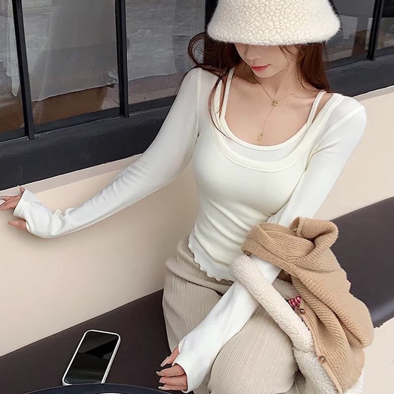 假兩件長袖吊帶T恤女秋季修身短款內搭打底衫純欲上衣