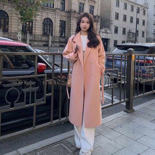 Blue Hepburn style woolen coat for women 2023 spring and autumn new Korean style loose mid-length lace-up woolen coat