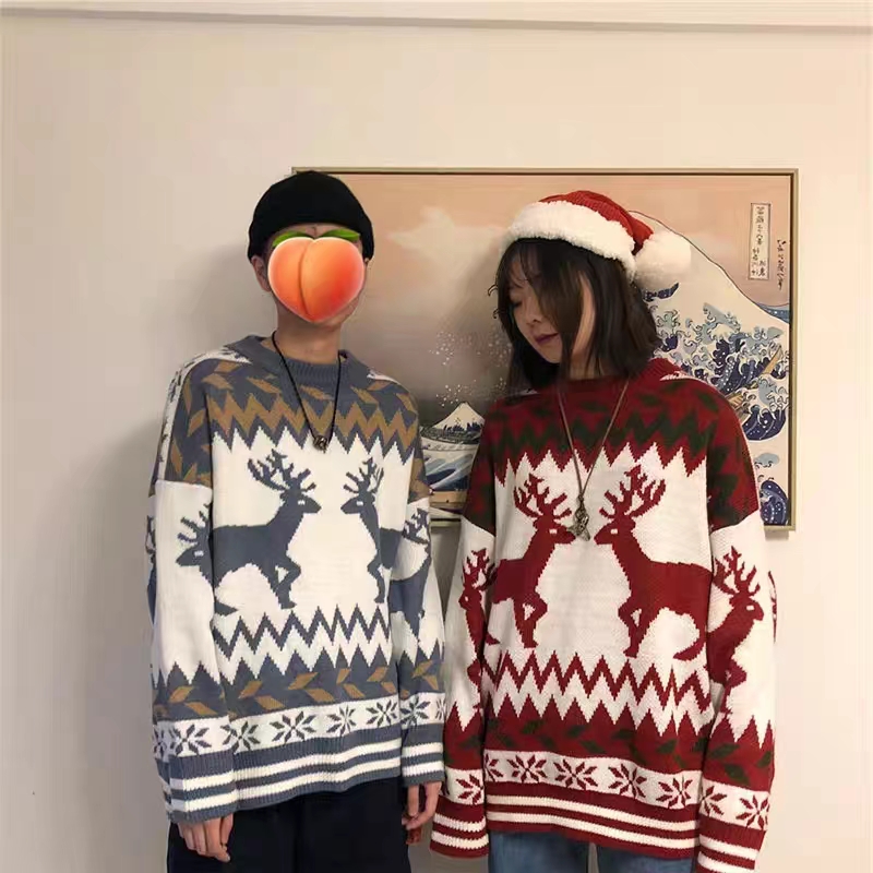情侶聖誕毛衣男女秋冬季新款慵懶風寬鬆麋鹿針織衫男韓版潮流外套