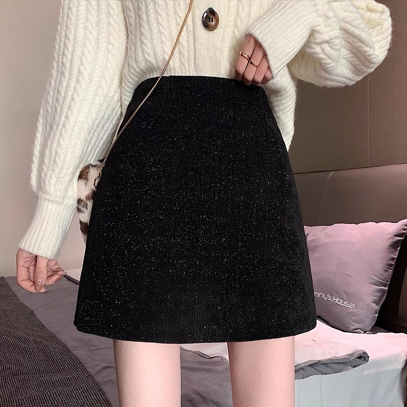 Woolen skirt for women in autumn and winter 2024 new style A-line skirt high waist for small people to cover hips and look slimming black