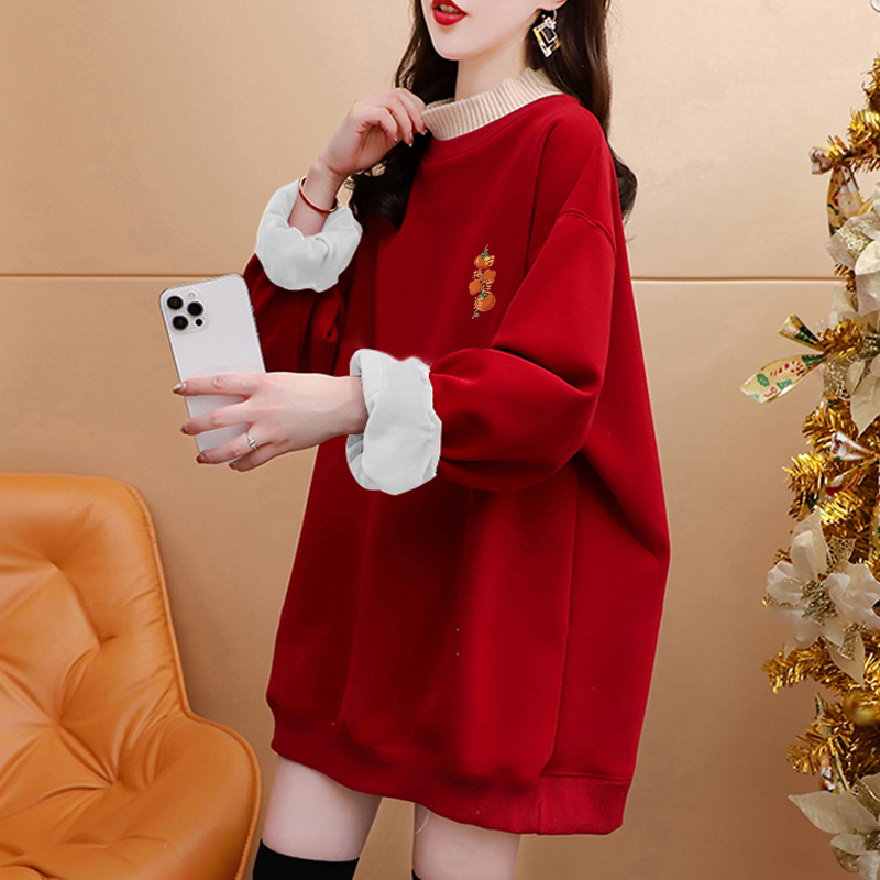 純棉複合超柔秋冬超火龍年印花紅色假兩件半高領加絨衛衣女潮