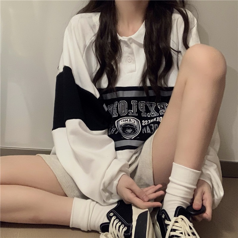 官圖   秋裝薄款美式復古POLO領印花衛衣女原宿風