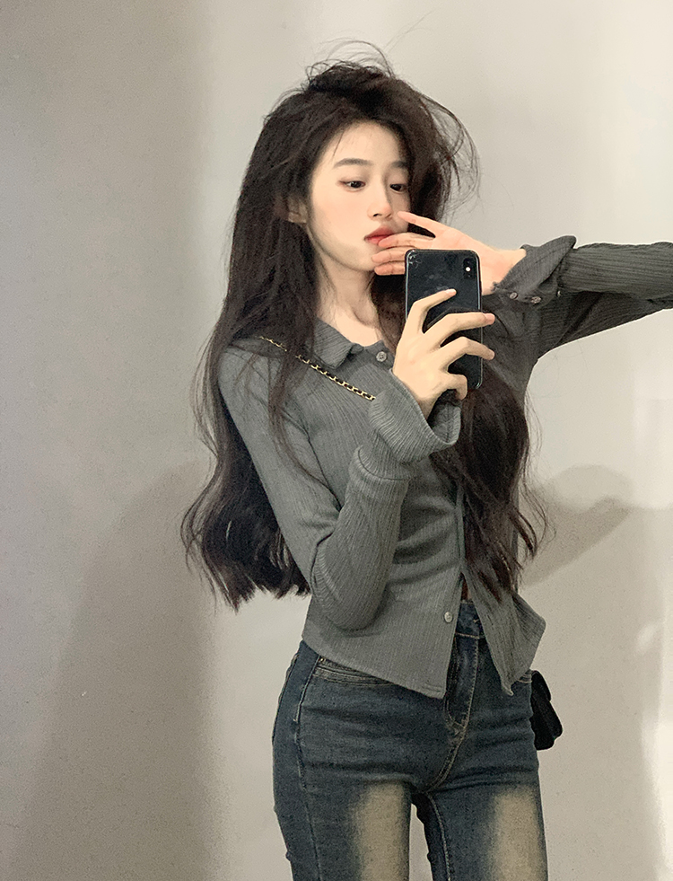 實拍～polo領t恤女設計感小眾質感修身長袖上衣