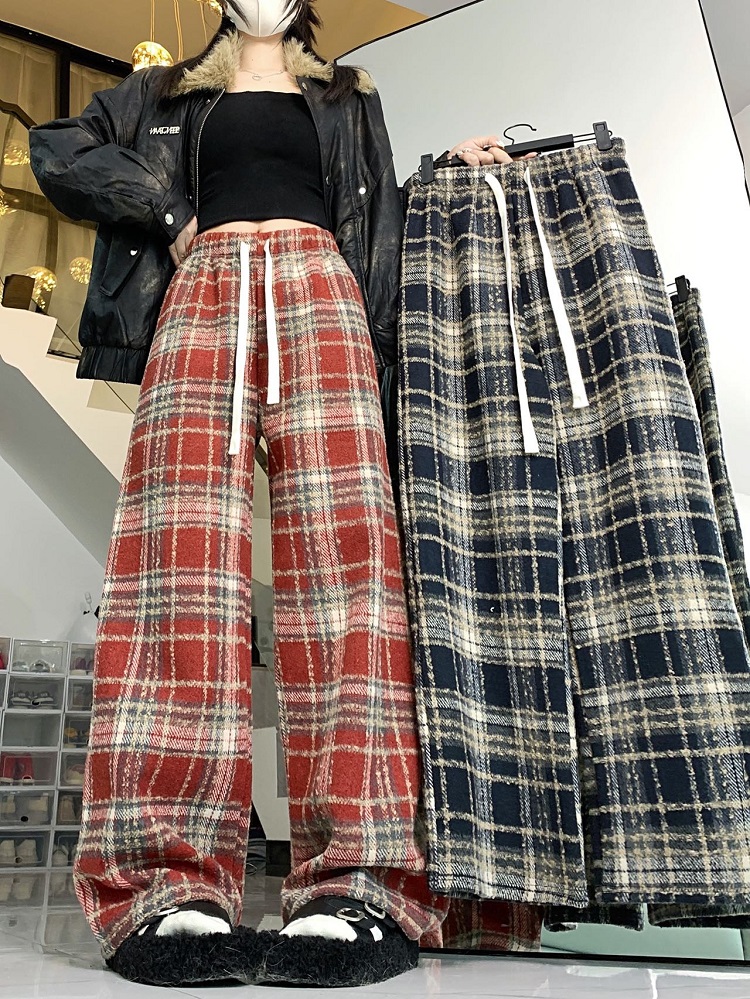 Real shot of Christmas red plaid trousers, loose velvet casual pants, new winter elastic waist drawstring wide leg trousers