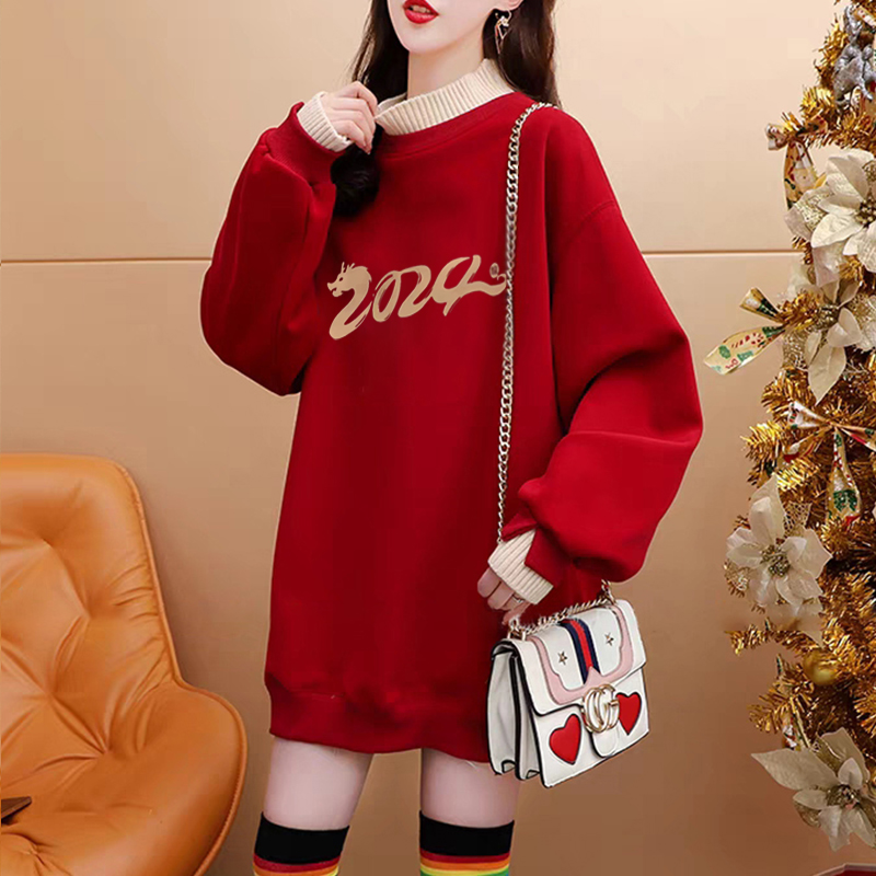 純棉複合超柔秋冬超火龍年印花紅色假兩件半高領加絨衛衣女潮