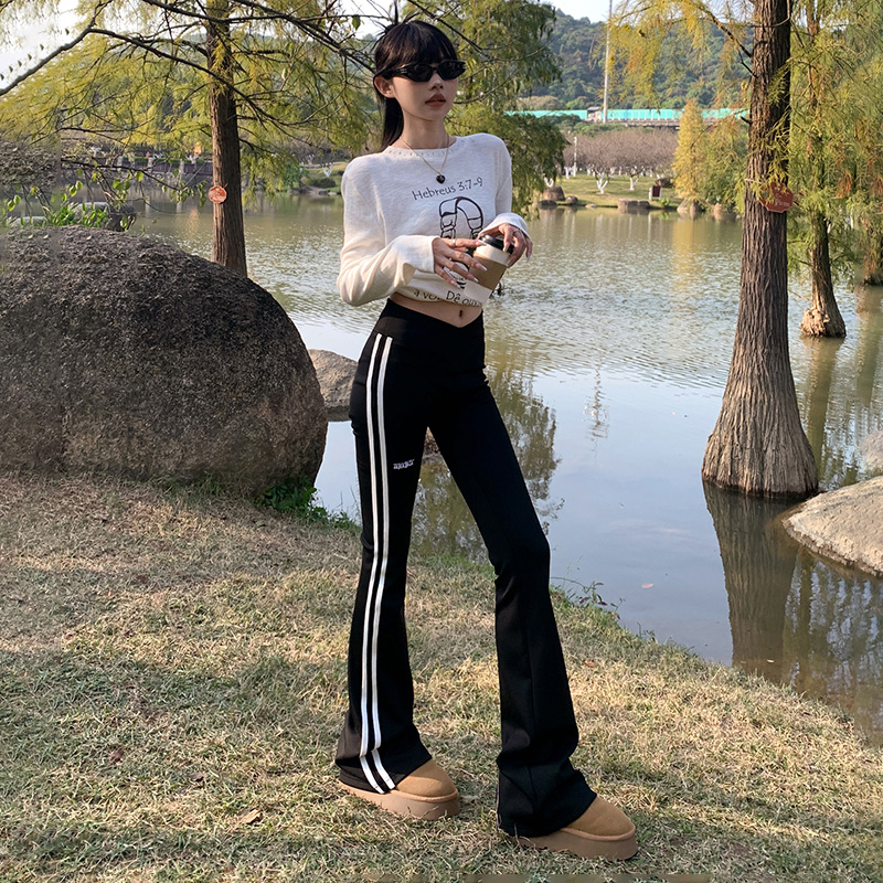 Real shot of American retro slim fit stretch bell pants yoga pants niche design casual pants women's trousers lengthened