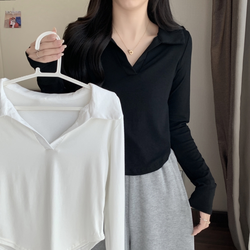 實拍  有氨 德絨 磨毛Polo領打底衫女秋裝長袖T恤女