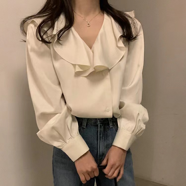 韓國chic春秋新款甜美減齡荷葉邊V領百搭顯瘦氣質長袖襯衫上衣女