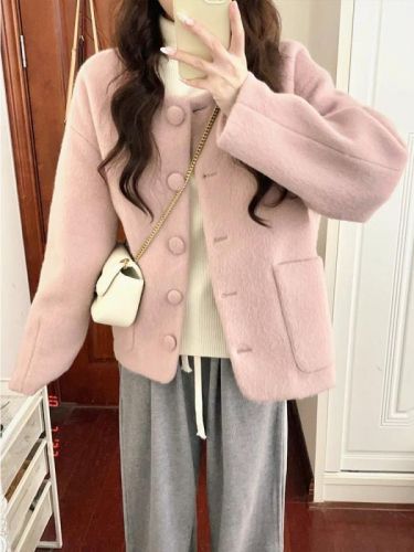 Korean simple casual versatile pink jacket 2023 autumn and winter new style lazy style gentle temperament niche tops for women