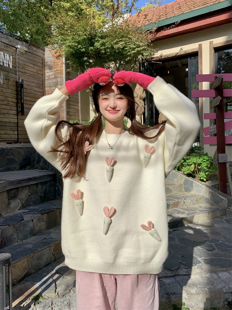 大碼女裝甜美減齡設計感加厚圓領毛衣女胖妹妹秋冬百搭寬鬆針織衫