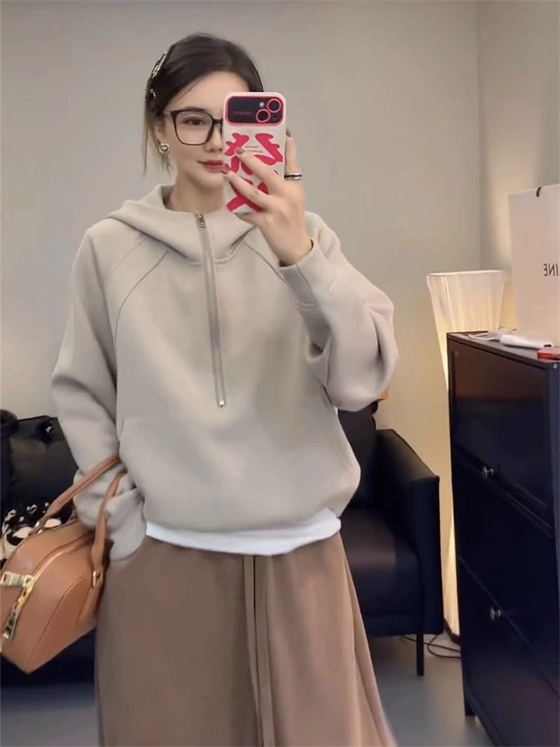 美式復古半拉鏈連帽衛衣秋冬女2023年新款韓版慵懶風寬鬆顯瘦上衣