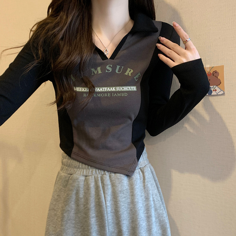 大碼女裝撞色Polo領印花不規則長袖T恤春秋胖mm遮肚顯瘦打底上衣