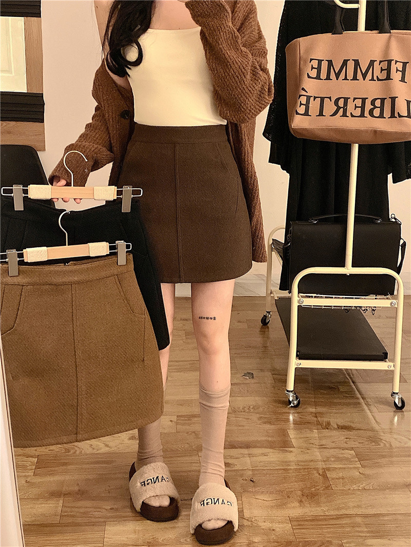 實拍 呢子半身裙女冬季高腰顯瘦設計感防走光包臀A字短裙
