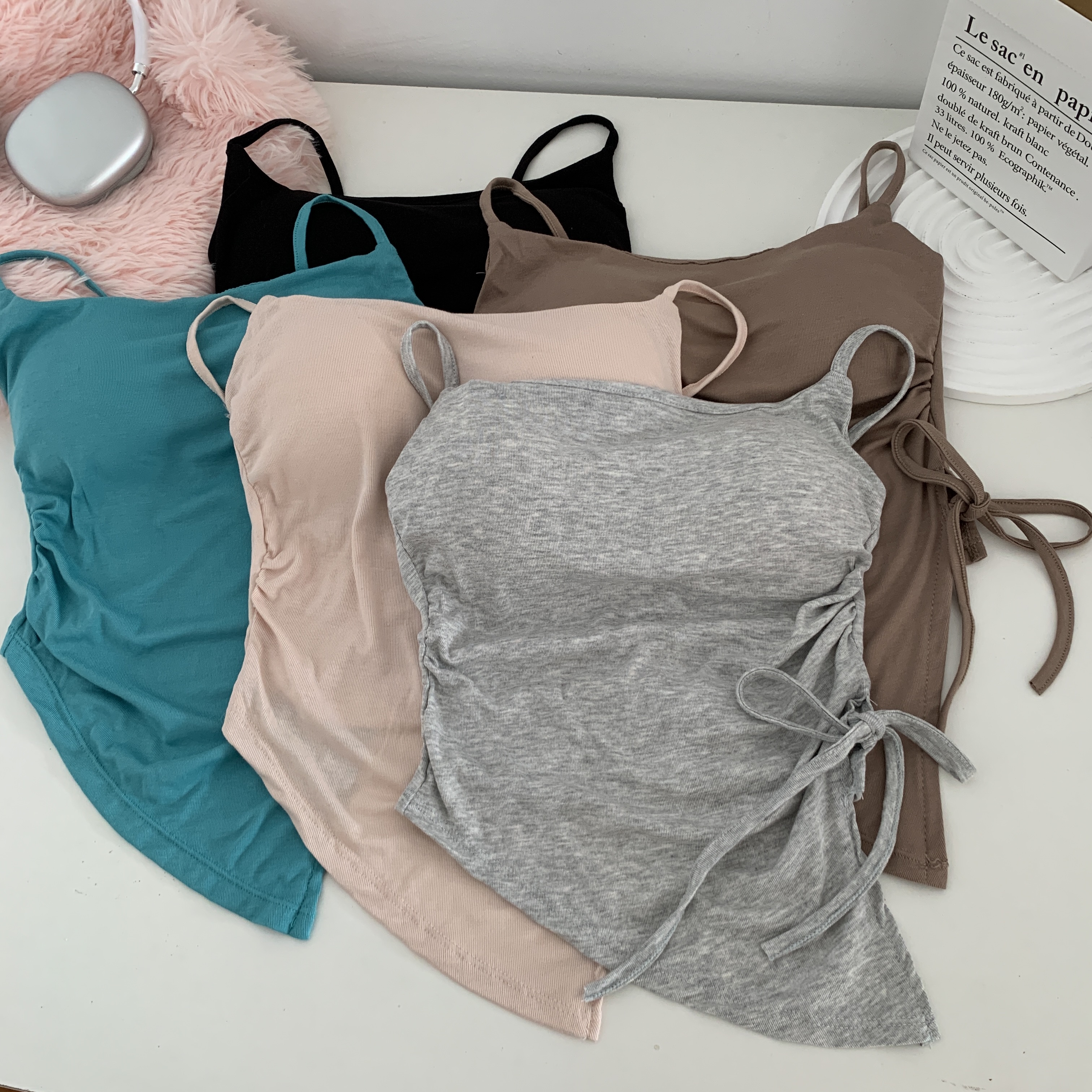 Real shot of sexy strappy design camisole, pure desire inner wear with breast pads, beautiful back top, outer wear