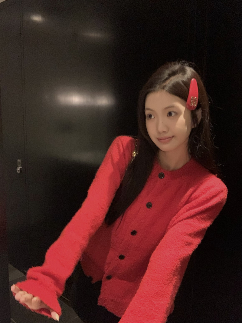 實拍 ~韓系慵懶聖誕新年紅色針織毛衣外套開衫上衣