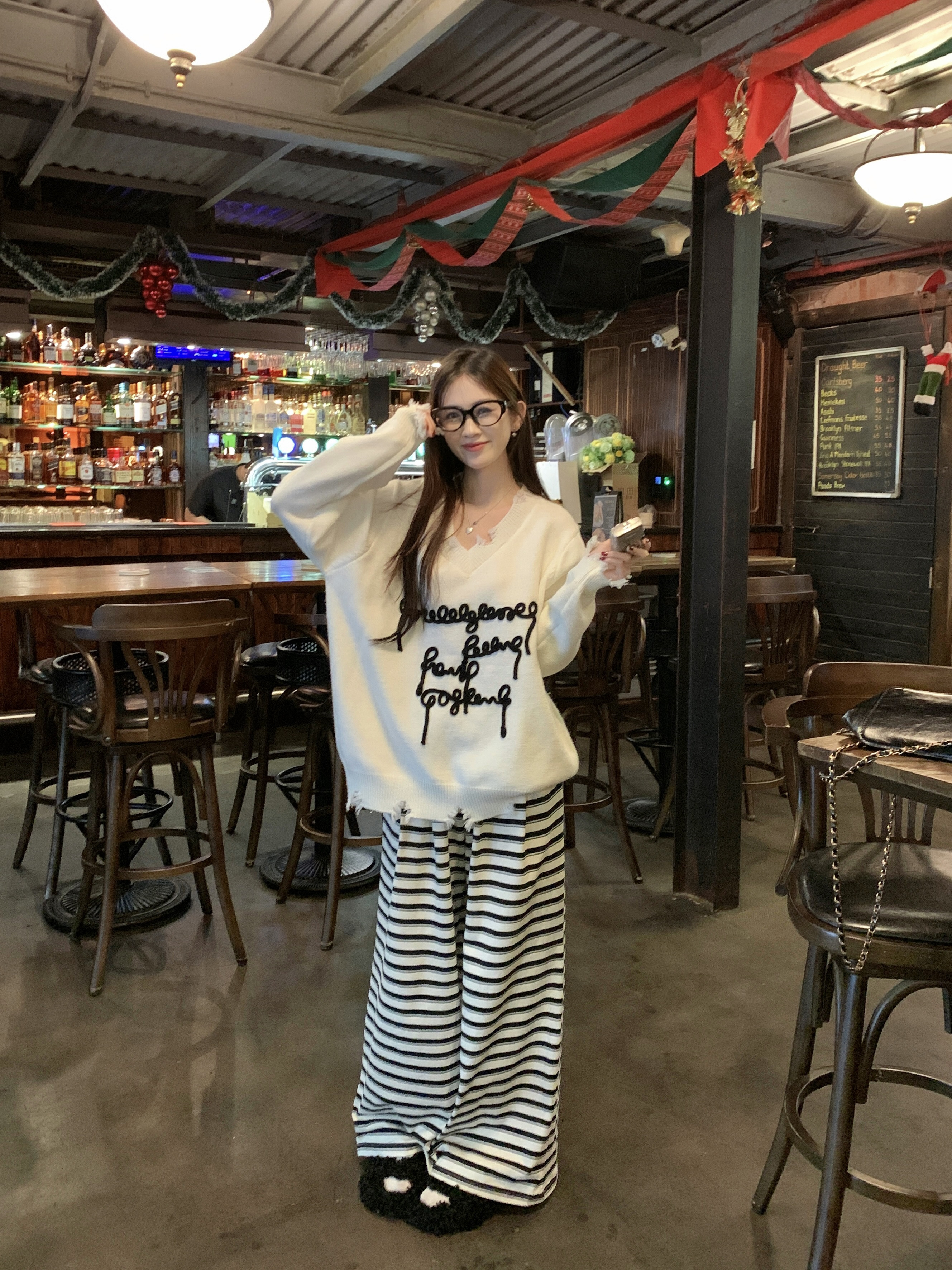 實拍 套裝秋冬新款百搭慵懶風不規則字母印花打底針織毛衣女