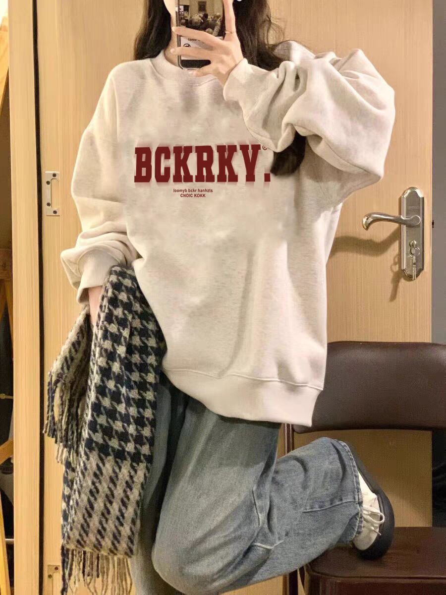 圓領無帽灰色衛衣女秋冬銀狐絨加厚美式潮牌400g重磅純棉寬鬆上衣