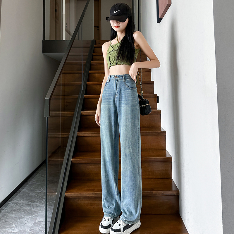 高質量超柔紗垂感復古闊腿牛仔褲女寬鬆高腰垂感百搭拖地顯瘦