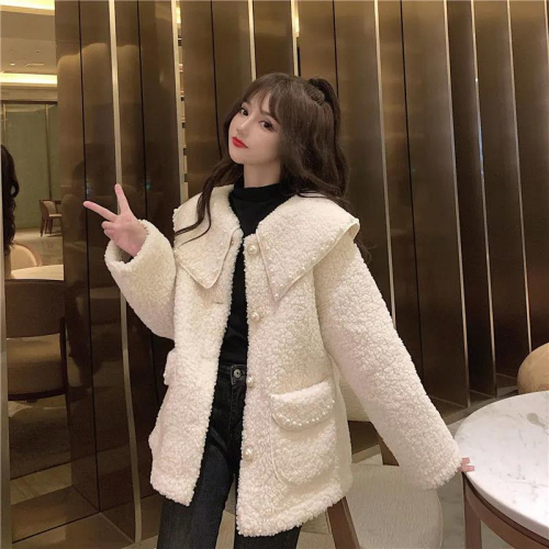 2023 Autumn and Winter New Korean Style Loose Student Doll Collar Imitation Lamb Wool Jacket for Women Versatile Beaded Jacket for Women