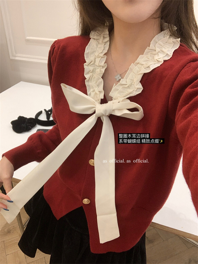 Autumn and winter new style bow tie knitted sweater jacket design with inner base sweater top for women