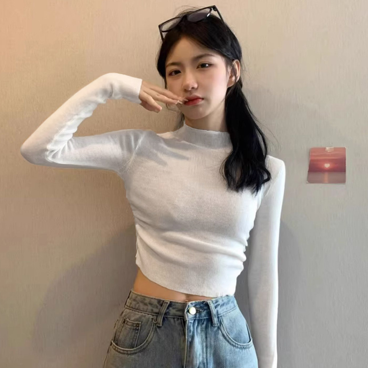 質檢官圖法式設計感長袖半高領女秋季新款修身打底短款上衣潮