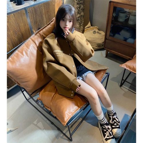 College style baseball uniform jacket for women autumn and winter 2024 new small loose casual velvet thickened jacket top