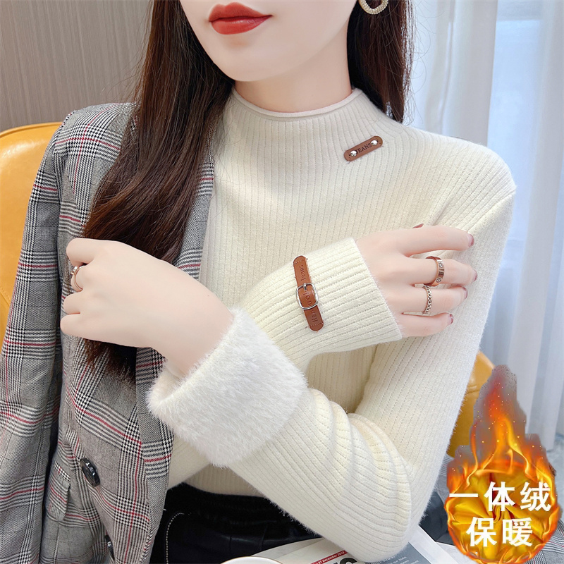 2023年新款一體絨套頭毛衣女秋冬內搭半高領加厚保暖針織打底衫潮