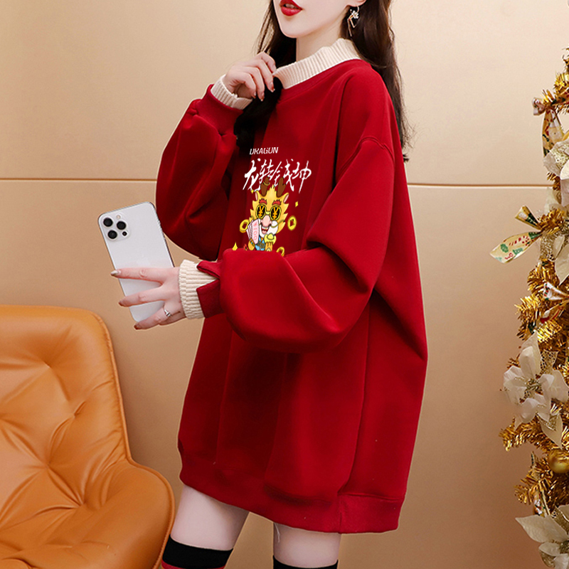 純棉複合超柔秋冬超火龍年印花紅色假兩件半高領加絨衛衣女潮