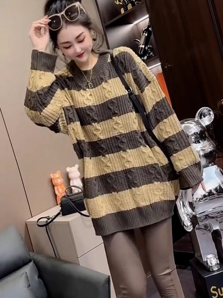 歐貨撞色條紋麻花毛衣女2023秋冬新款小個子慵懶風寬鬆針織衫上衣