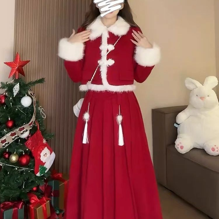 龍鳳呢+拉鏈 今年流行漂亮兩件套裝裙新年聖誕新中式國風紅色