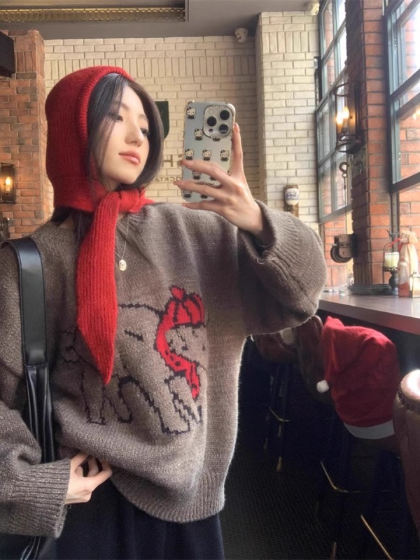 卡通提花套頭圓領毛衣女2023秋冬季慵懶風休閒寬鬆內搭針織上衣潮