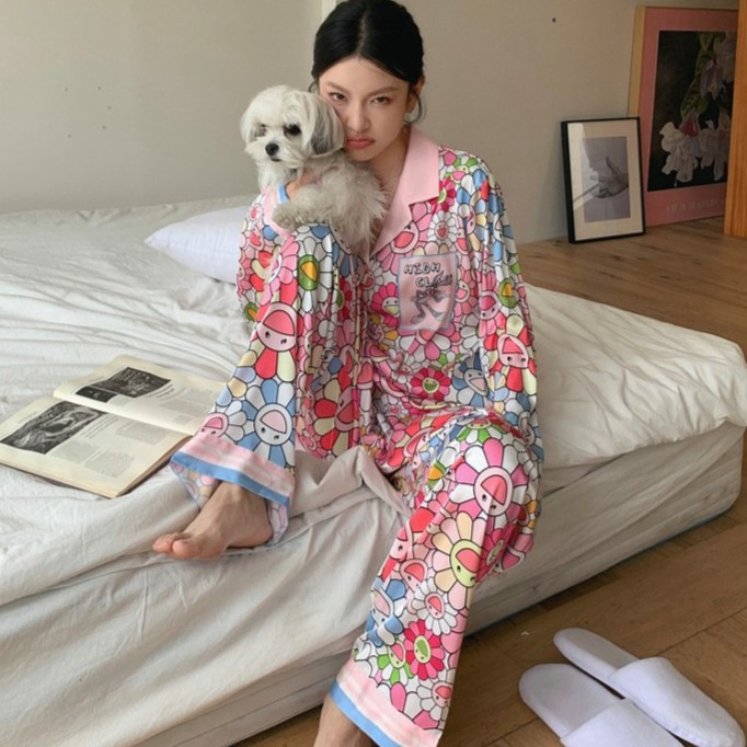 青蛇卡通太陽花睡衣女士春秋韓版長袖長褲網紅高級感家居服套裝