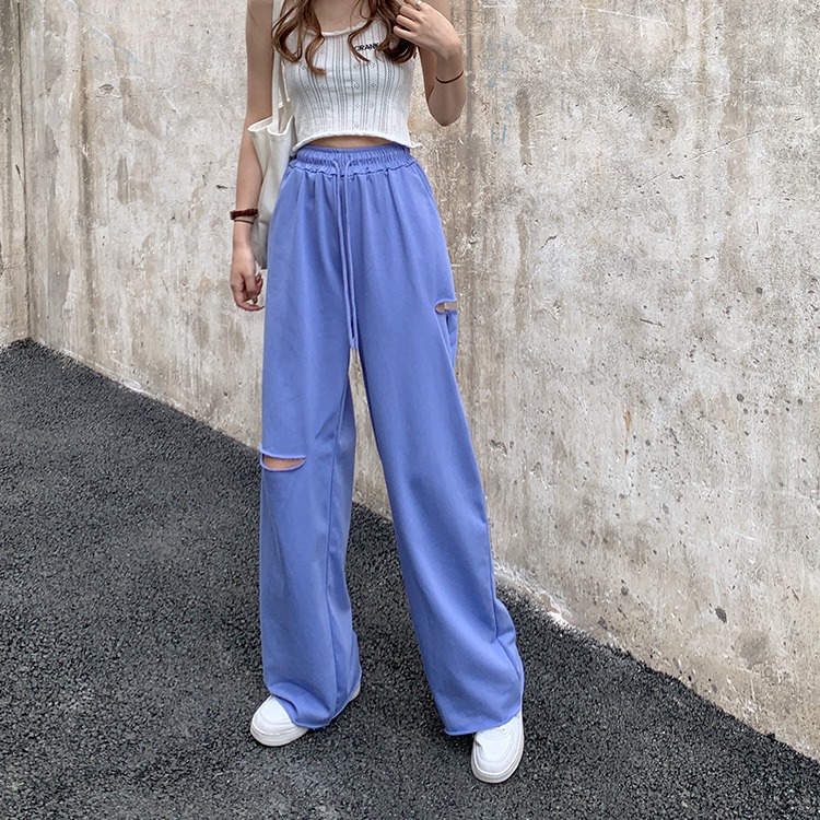 炸街破洞褲夏季新款韓版高腰顯瘦休閒褲網紅闊腿褲長褲ins女