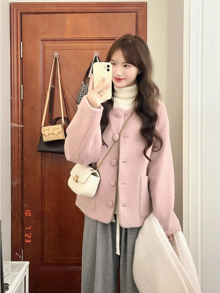 Korean simple casual versatile pink jacket 2023 autumn and winter new style lazy style gentle temperament niche tops for women