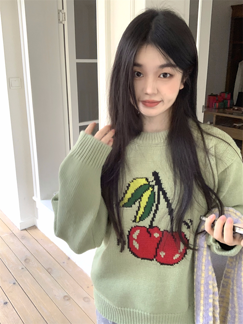 實拍  櫻桃提花寬鬆毛衣